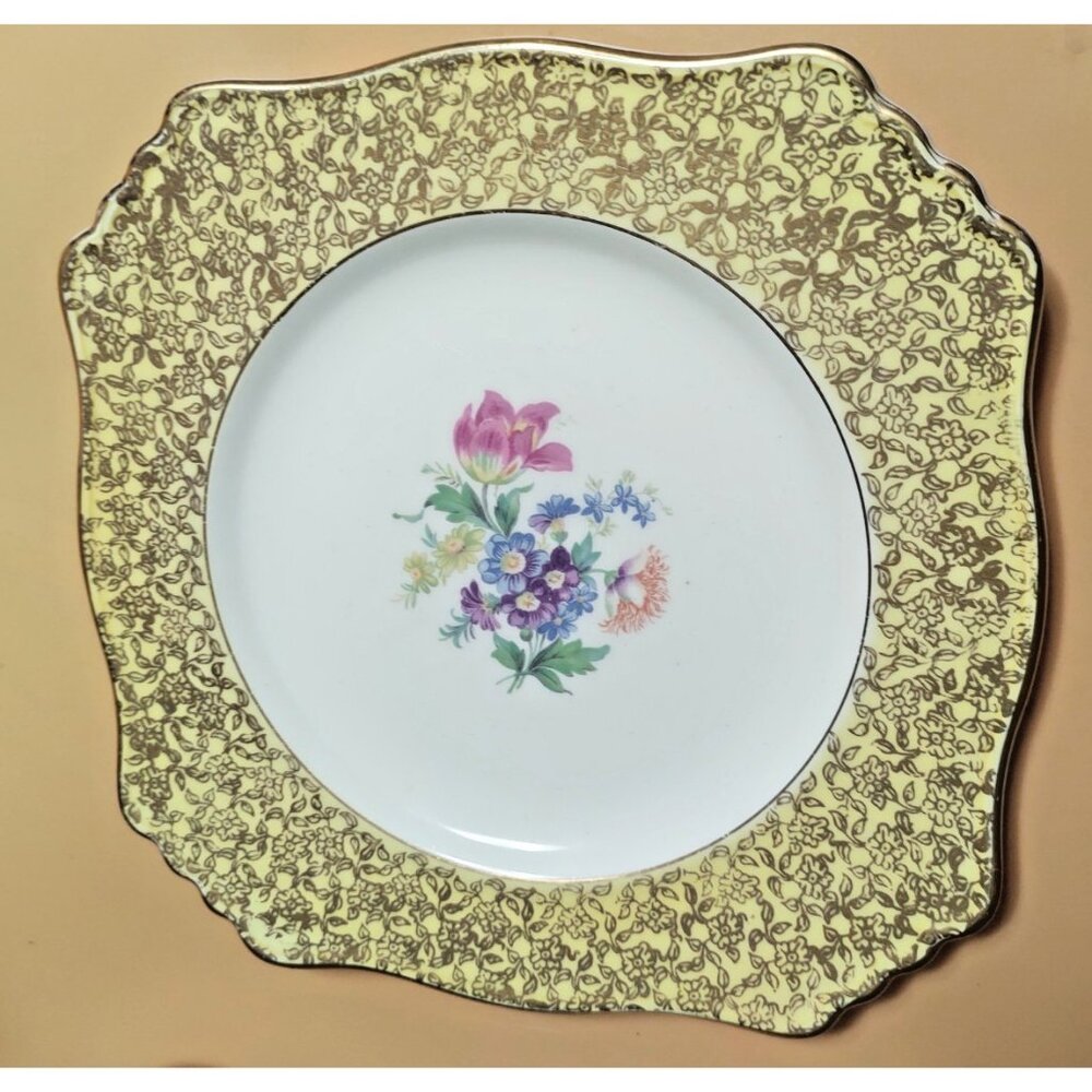 Vintage Royal Winton Grimwades 9" Square Cake Plate Floral with gold gilt